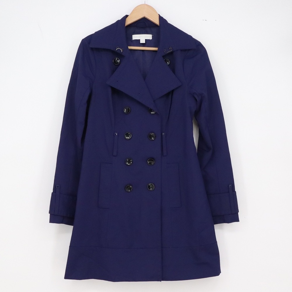 New York & Company Trench Coat Womens S Navy Blue Double Breasted Excellent